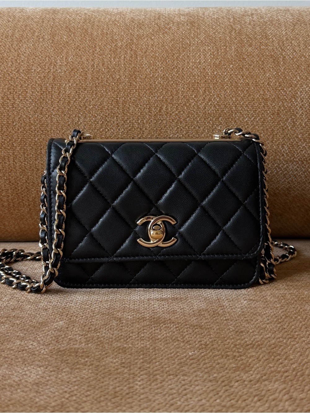CHANEL Black Quilted Mini Crossbody with Gold Chain